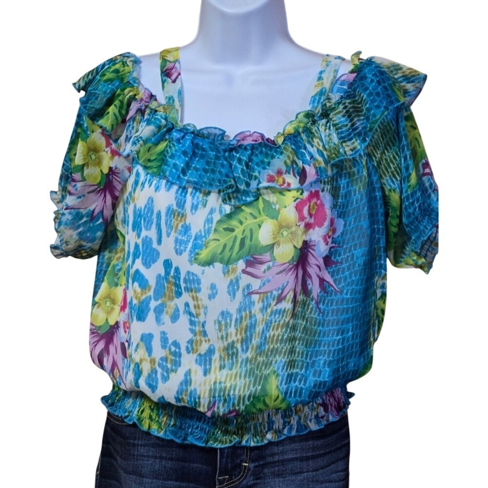 Jennifer Lauren Tropical Floral Animal Print‎ Cold Shoulder Ruffle Blouse Blue M